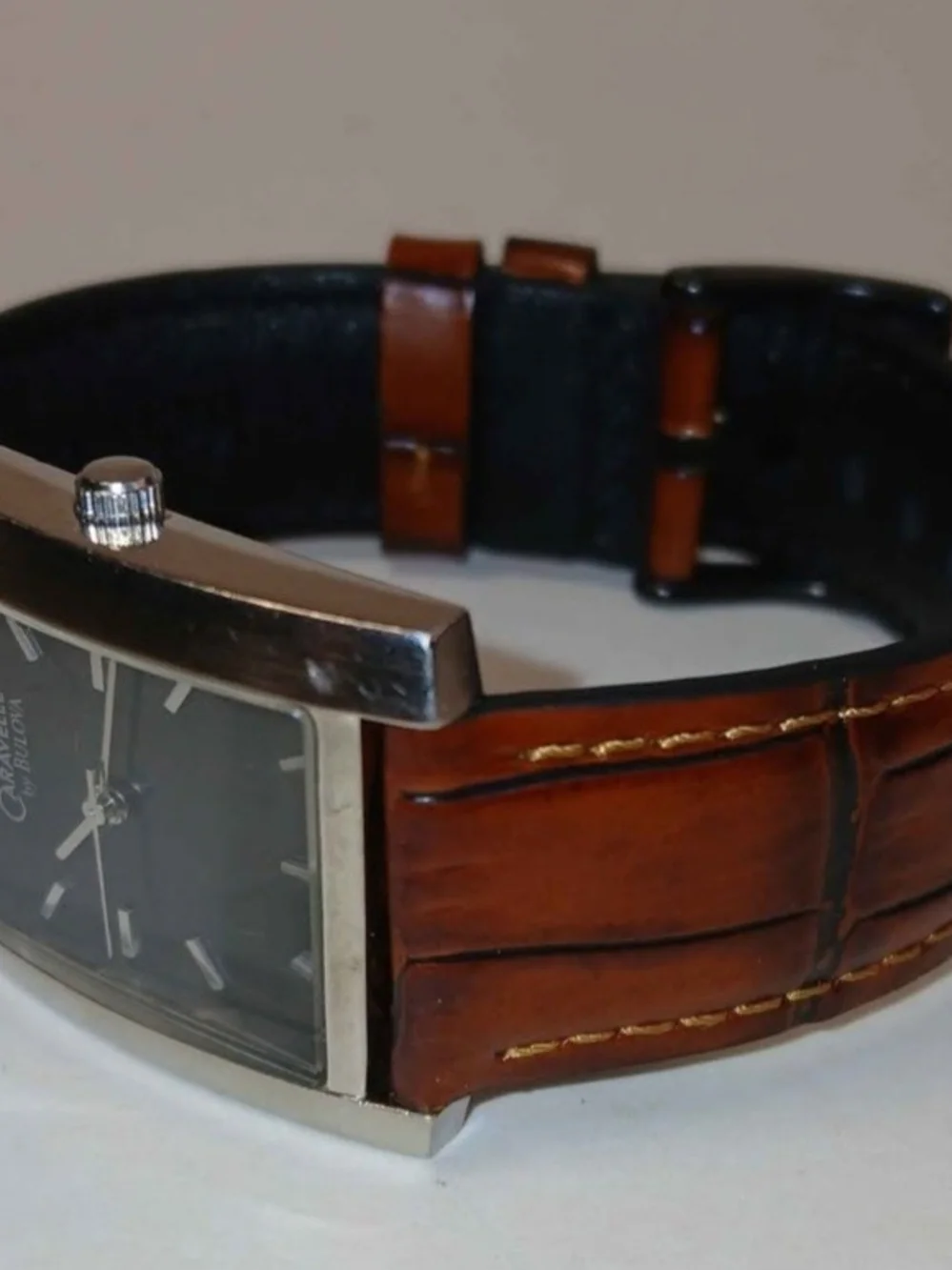 ​Caravelle by Bulova Mens Rectangular Tank Watch Black Dial Brown Leather Strap